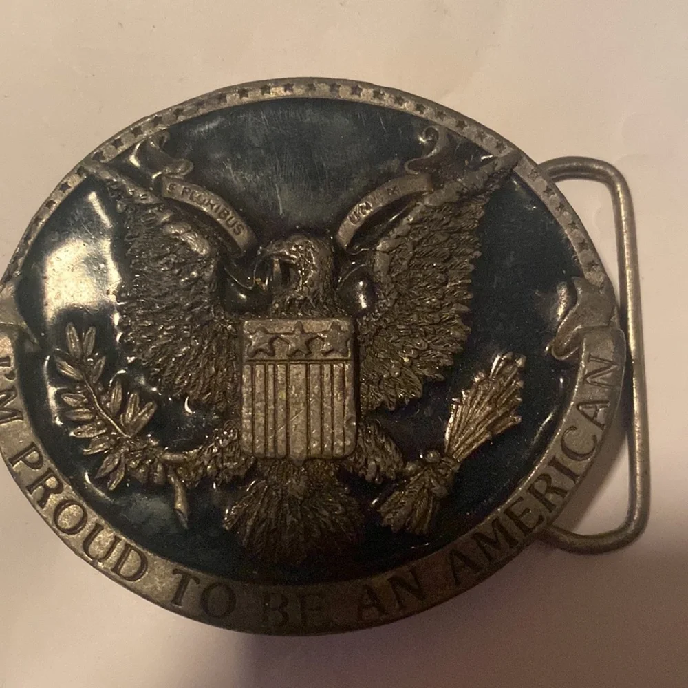 Bergamot Belt Buckle brass Works I’m proud to be an American 2.5×3” 1981 - Picture 3 of 7